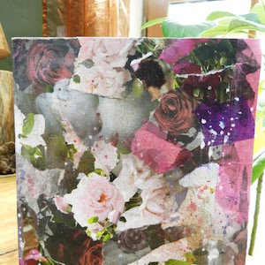 Carte fait-main, carton et papier, et aquarelle. Motif: roses de toutes sortes
