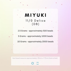 May include: A white card with pink and white polka dots on a pink background. The card has the text "MIYUKI 11/0 Delica (DB)" and lists the number of beads per weight of beads in grams. The text also states that each bead measures approximately 1.35mm x 1.75mm (hole to hole).