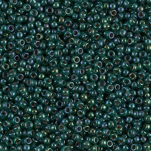 May include: A close-up view of a large quantity of small, round, dark green glass beads with a metallic sheen.