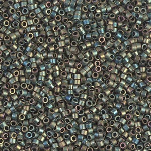 May include: A close-up view of a large quantity of small, round, dark green and brown seed beads. The beads have a metallic sheen and are arranged in a random pattern.