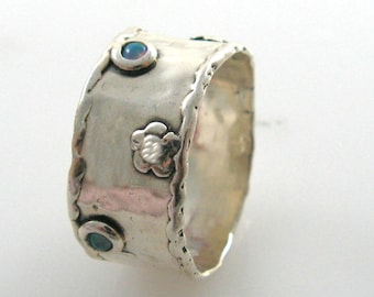 Silver wide opal ring. Opal sterling silver ring. opal jewelry.  Floral wide band ring. birthday gift for her, opal silver band