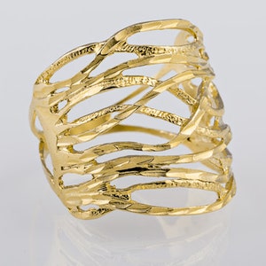 Peut inclure: Une large bague dorée avec un design ouvert et tissé. La bague présente une série de bandes texturées interconnectées qui créent un motif complexe en forme de cage. La bague est faite d'un matériau métallique brillant.