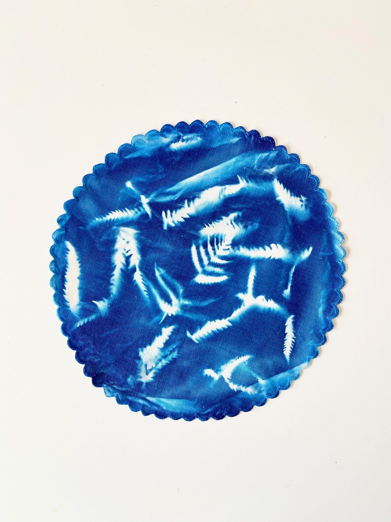 Vintage Doily Blue Table Decor Round Doily Cyanotype Print on Fabric