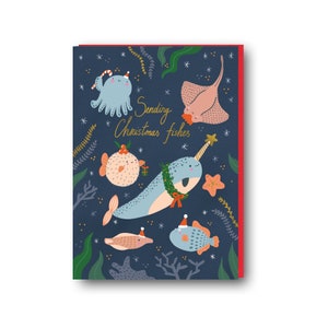Lustige Weihnachtskarte, Schöne Weihnachtskarte, Karte unter dem Meer, Weihnachtskarte für Mama, Karte mit Fischen