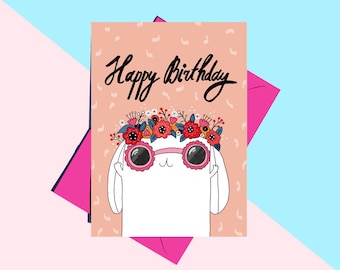 Funny Birthday Card- Cute Birthday Bunny, Best Friend - Happy Birthday Card, Flower Birthday Card, Floral Card, Mum Card, Friend Card