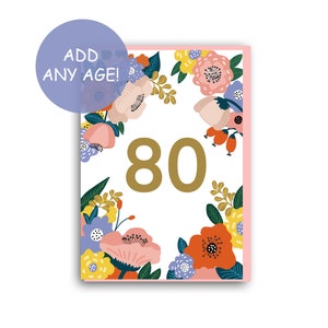 GEPERSONALISEERDE verjaardag leeftijd kaart bloemen, 80e verjaardag kaart in het Verenigd Koninkrijk, Happy 80th Birthday Card, 80th Birthday, Floral Birthday Card,