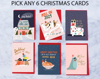 Christmas Cards Pack of 6, Christmas Card Set, Pick any 6 cards, Funny Christmas cards, Pack of 6 holiday cards