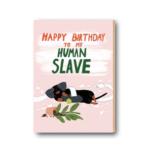 May include: A birthday card with a pink background and the text "HAPPY BIRTHDAY TO MY HUMAN SLAVE" in red and green. An illustration of a black and brown dachshund dog with a tennis ball and toilet paper is featured.