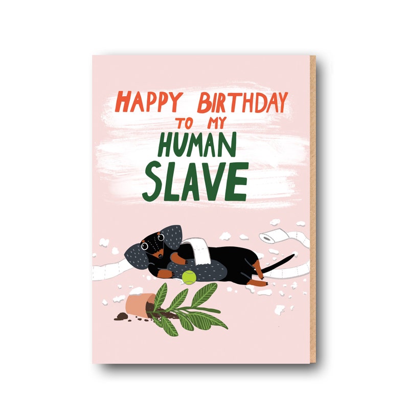 May include: A birthday card with a pink background and the text "HAPPY BIRTHDAY TO MY HUMAN SLAVE" in red and green. An illustration of a black and brown dachshund dog with a tennis ball and toilet paper is featured.