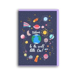 Nieuwe babykaart | A6-wenskaart | Nieuwe collectie | Ruimte | planeten | Babyjongen, meisje | Welkom op deze wereld kleintje, geboortekaart, babykaart