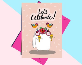 Bunny Rabbit Funny Birthday Card, Cute Gift, Celebration, Fun, Best Friend Card, Party Animal, Kawaii Cards, For Her, Funny Bday Gift