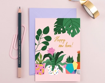 Houseplant New Home Card: Illustrated Greeting Card with Purple Envelope