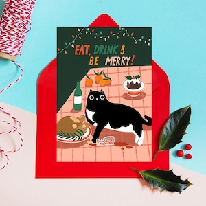 Mangez, buvez et soyez joyeux Carte de Noël drôle de chat, cartes de Noël de chat