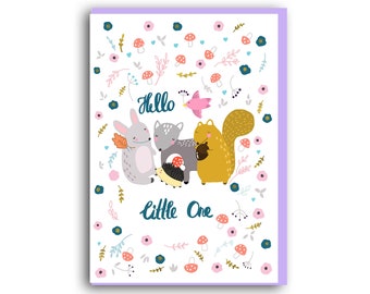 New Baby Card | A6 Greetings Card | New Arrival | Forest Animals | Baby Boy Girl | Hello Little one, Birth Card