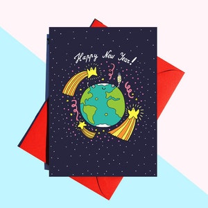 Biglietto di auguri divertente, biglietto di auguri di buon anno, festa di capodanno, pianeta felice, umorismo divertente, articoli di carta, cancelleria
