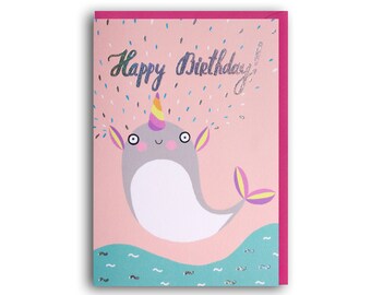 narwhal birthday card, birthday card, celebration card, Birthday cards for her, children's card, funny card, narwhal card