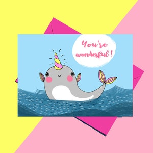 Narwhal Card, Narwhal Love Card, Love You Card, Cute Whale Greeting Card, Romantic Narwhal Card, Cards with Puns, Clever Cards image 1