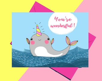 Narwhal Card, Narwhal Love Card, Love You Card, Cute Whale Greeting Card, Romantic Narwhal Card, Cards with Puns, Clever Cards