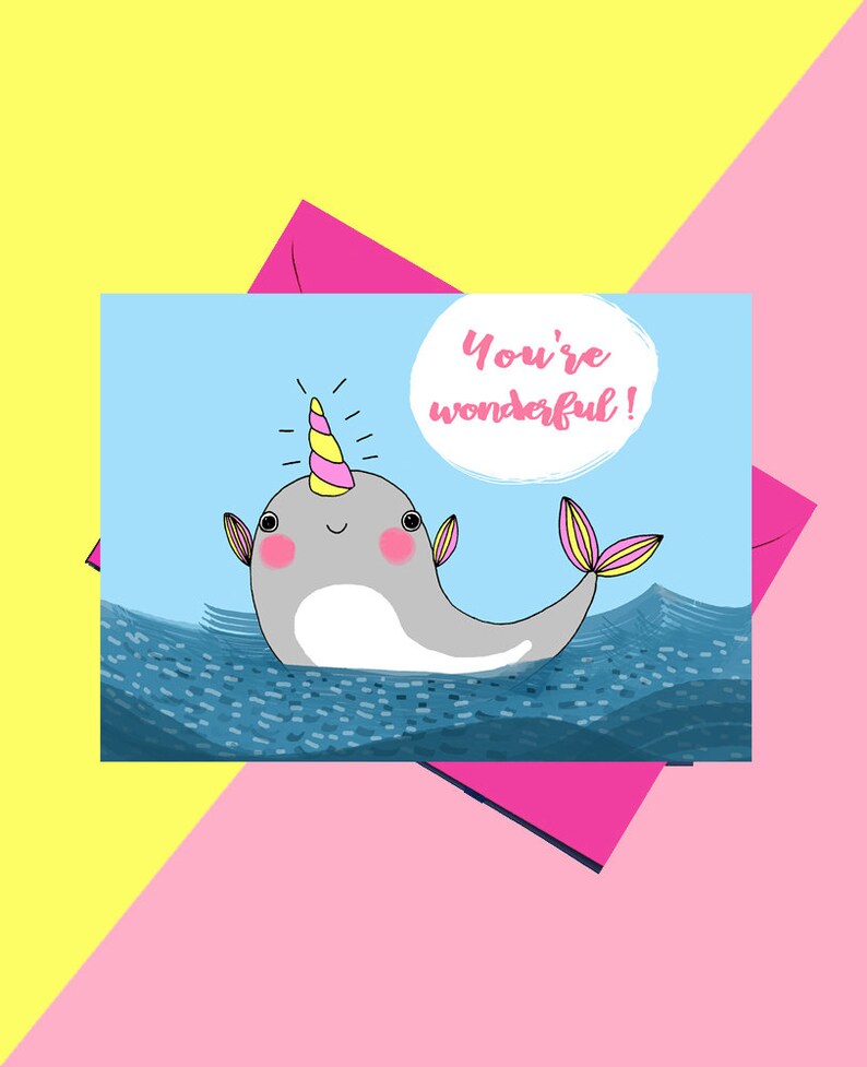 Narwhal Card, Narwhal Love Card, Love You Card, Cute Whale Greeting Card, Romantic Narwhal Card, Cards with Puns, Clever Cards image 1