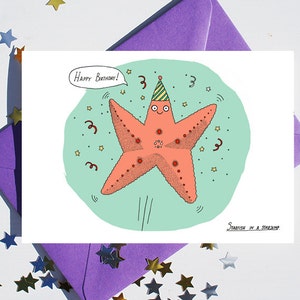 VERKOOP: Happy Birthday Card, Grappige Zeester, Schattig, Zeester in een Starjump, Grappige Verjaardagskaart, Sealife