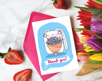 Thank you greeting card, cute bunny, botanical, thanks a bunch, for friend, teacher