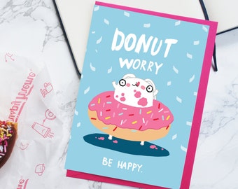 Donut Worry Be Happy Card - Everyday Card - Encouragement Card - Friendship - Funny Greeting Card - Bunny Cute Card - Pun Card