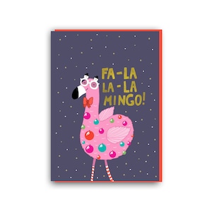 Flamingo Weihnachtskarte, Fa la la la mingo, Flamingo Rosa Weihnachtskarte, glücklich, fröhlich, Geschenk, Geschenk, Feiertagskarte, lustige Weihnachtskarten