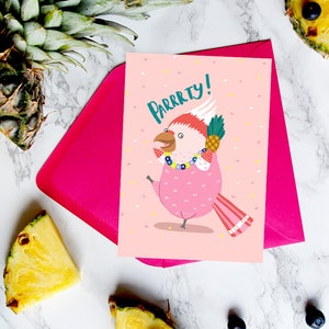 Feliz aniversário, festa - Papagaio Mohawk - Cartão de aniversário - cartão de pássaro - cartão de aniversário de pássaro - cartão de papagaio - cartão de aniversário legal