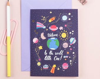 New Baby Card Space Theme, Gold Foil Planets, A6 Greeting Card