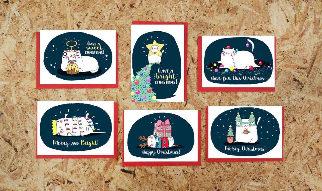 Funny Cat Christmas Cards: Pun Holiday Card Set (pack of 6) - Etsy UK