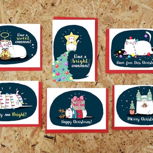 Lot de 6 cartes de Noël chat, lot de 6 cartes, cartes de Noël chat, cartes de Noël rigolotes, bonnes affaires sur les cartes, jeux de mots