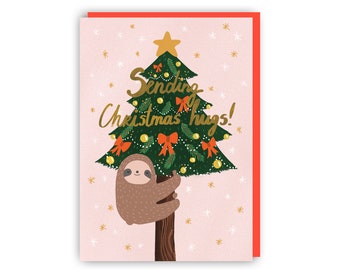 Funny Christmas Card, Sending Christmas Hugs Sloth Card, Sloth Christmas card, Gold Foil Christmas Card, Love, Humour, Card for her