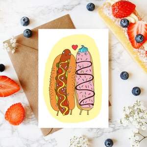 VERKOOP: Verjaardagskaart, grappige Valentijnsdagkaart, liefde, prachtig paar, hotdog, eclair, grappig eten, man, sympathie, verjaardag