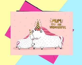 Mothers day card, card for mother with unicorn, happy mothers day card, mothers day gift, mothers day cards, floral card for mother and nana