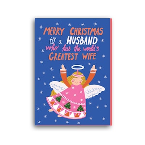 Divertida tarjeta navideña para esposo, tarjeta de ángel navideño de la mejor esposa, tarjeta navideña para él