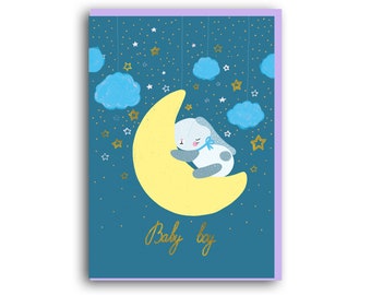 New Baby Boy Bunny Card, New Born Baby Card, Welcome To The World Card, Newborn Card, Cute Baby Animal Greeting Card, Baby Boy, Baby Girl