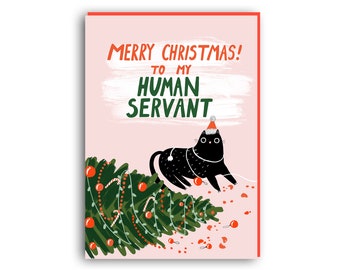 Tarjeta de Navidad de gato divertido, tarjeta del gato, papá gato, tarjeta de Navidad de mamá gato, tarjeta de Navidad divertida, feliz Navidad a mi tarjeta de sirviente humano