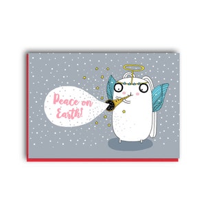 VENTE: Carte de Noël amusante, Carte de Noël mignonne avec lapin, Carte de Noël Paix sur Terre, Carte de Noël ange, Cartes de Noël faites maison