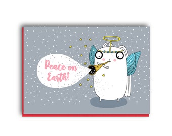 SALE: Funny Christmas card, Cute Christmas Card with bunny, Peace on Earth Christmas Card, angel christmas card, homemade christmas cards