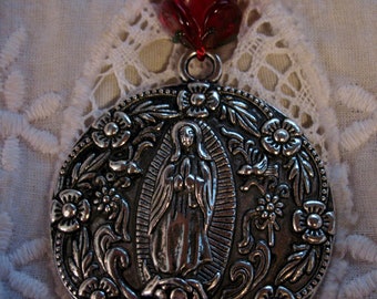 Virgin of Guadalupe beaded necklace, Silver Guadalupe pendant necklace with rose bead, Lady of Guadalupe Pendant necklace with red beads