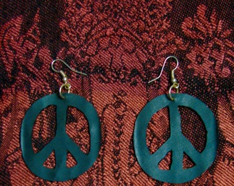 Recycled bicycle tire inner tube earrings, Peace sign black hoop earrings, Recycled rubber earrings