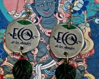 Eco friendly recycled earrings, Recycled bottle cap earrings, Upcycled Eco GREEN earrings