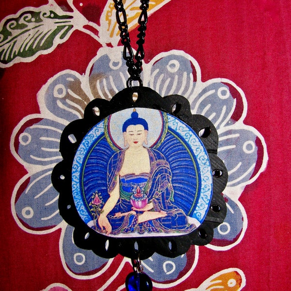Blue Medicine Buddha necklace, Recycled bike tire Buddha necklace, Recycled meditation necklace