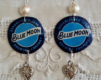 FUN! Blue Moon Beer Bottle Cap Earrings Dangle Fishhook NEW Handcrafted 