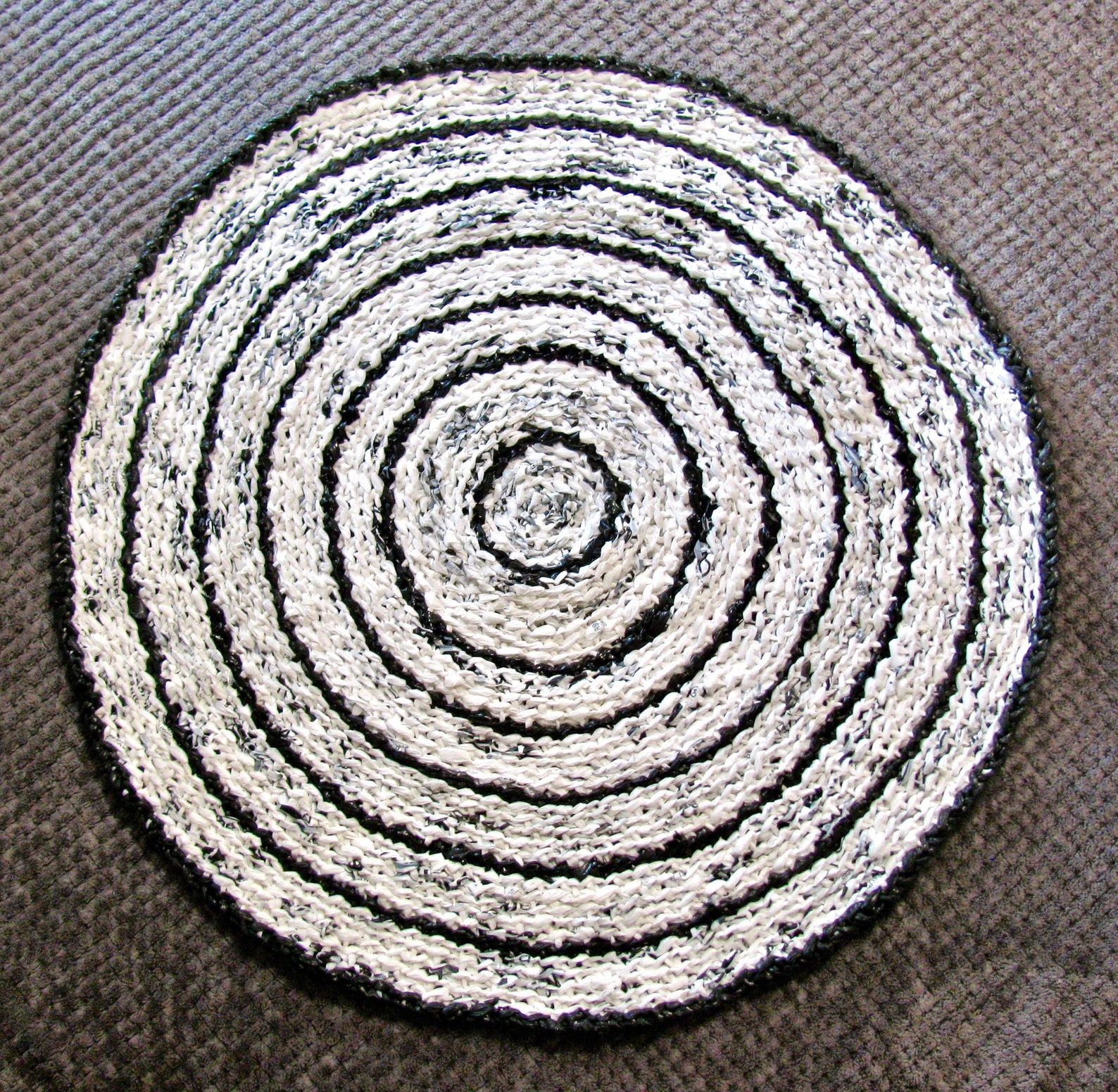 Recycled Plastic Rug, Designer Black and White Rug, Upcycled Eco