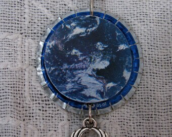 Love Planet Earth recycled bottle cap necklace, heart on wings Recycled necklace,Upcycled bottle cap necklace