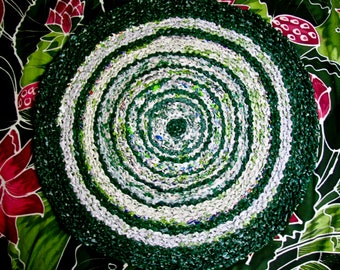 Recycled Green "green" crochet plastic bags rug, Upcycled designer eco area rug/wall hanging, Recycled Eco friendly designer rug