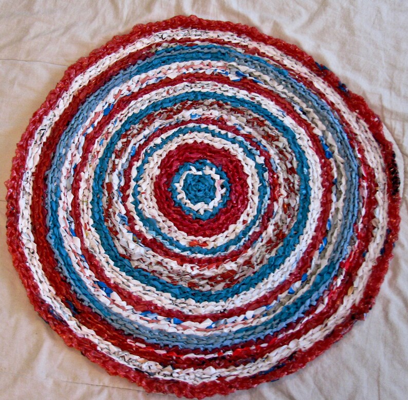 Red Crocheted Plastic Designer Rug, Turquoise And Red Rug