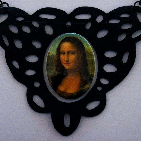 Recycled bike tire Mona Lisa necklace, Upcycled faux leather necklace, Lacey black recycled necklace