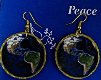 Planet Earth Recycled bottle cap earrings, Love Planet Earth earrings, Earth Day earrings